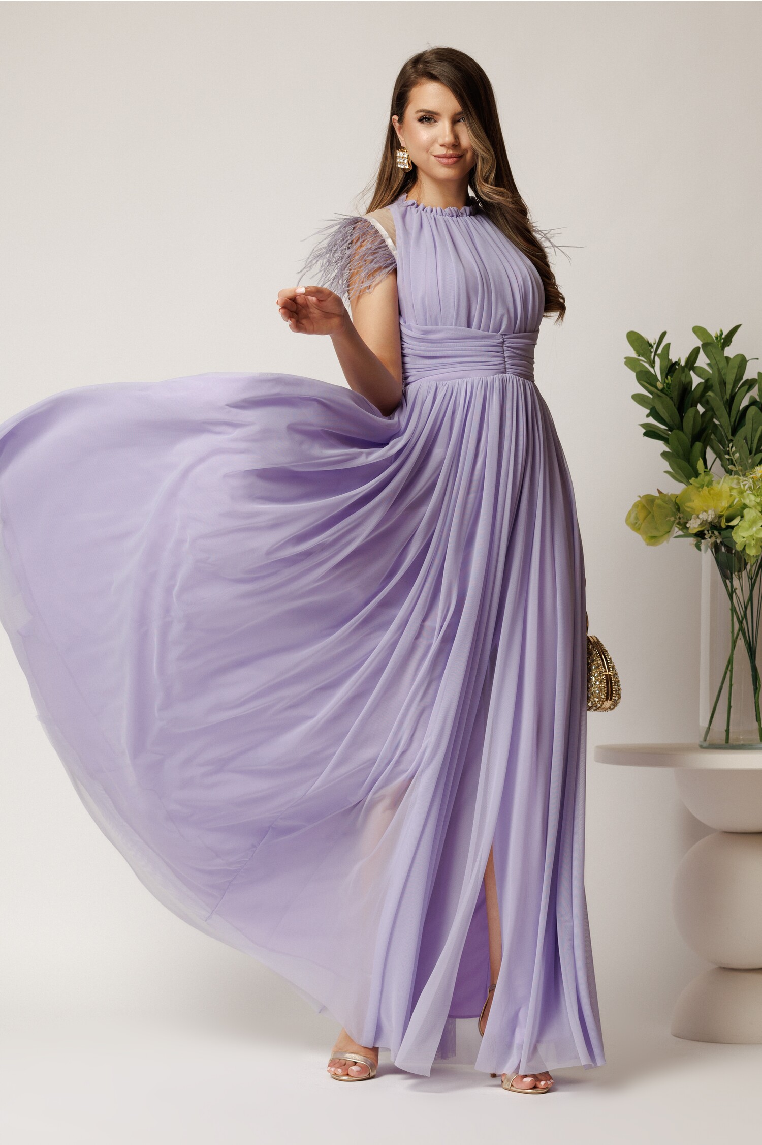 Rochie Lunga Eleganta Lila cu Pene DY Fashion