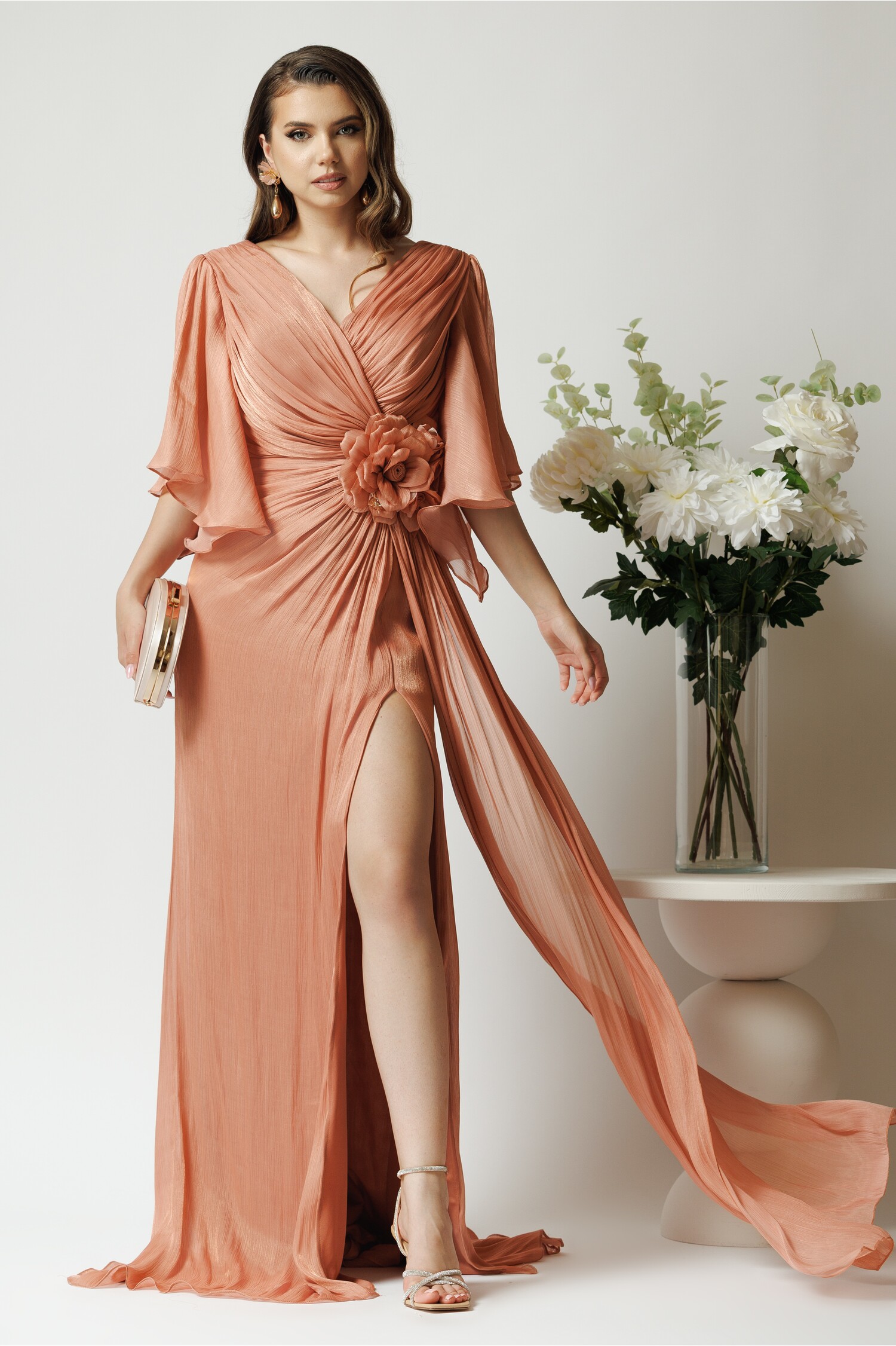 Rochie Eleganta Voal Rose cu Reflexii Aurii