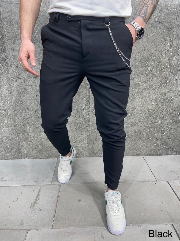 Pantaloni Barbati Casual Negri cu Lanț, Bumbac 100% - imagine 2