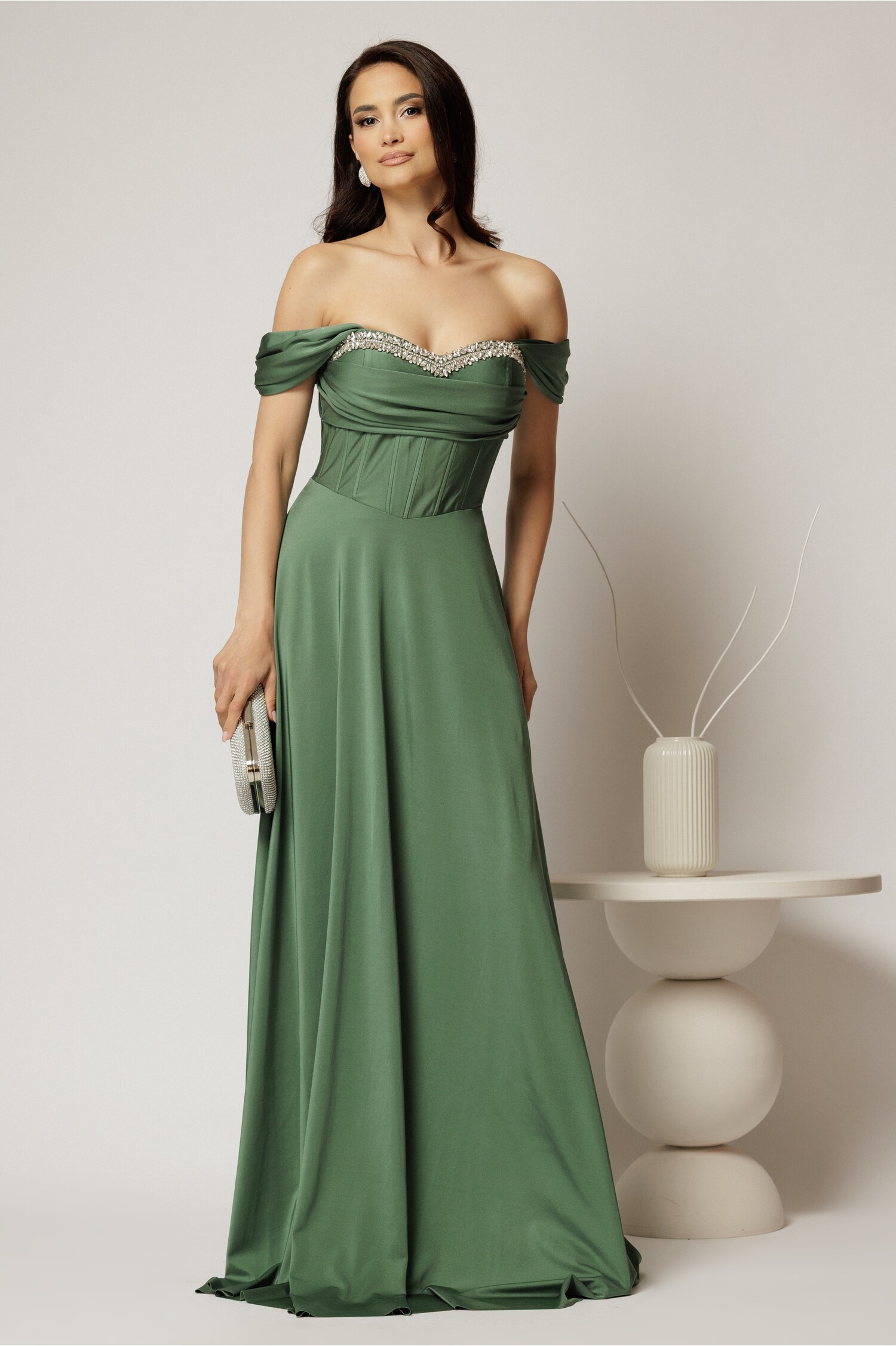 Rochie Lunga Verde Menta de Seara din Lycra cu Bust Buretat