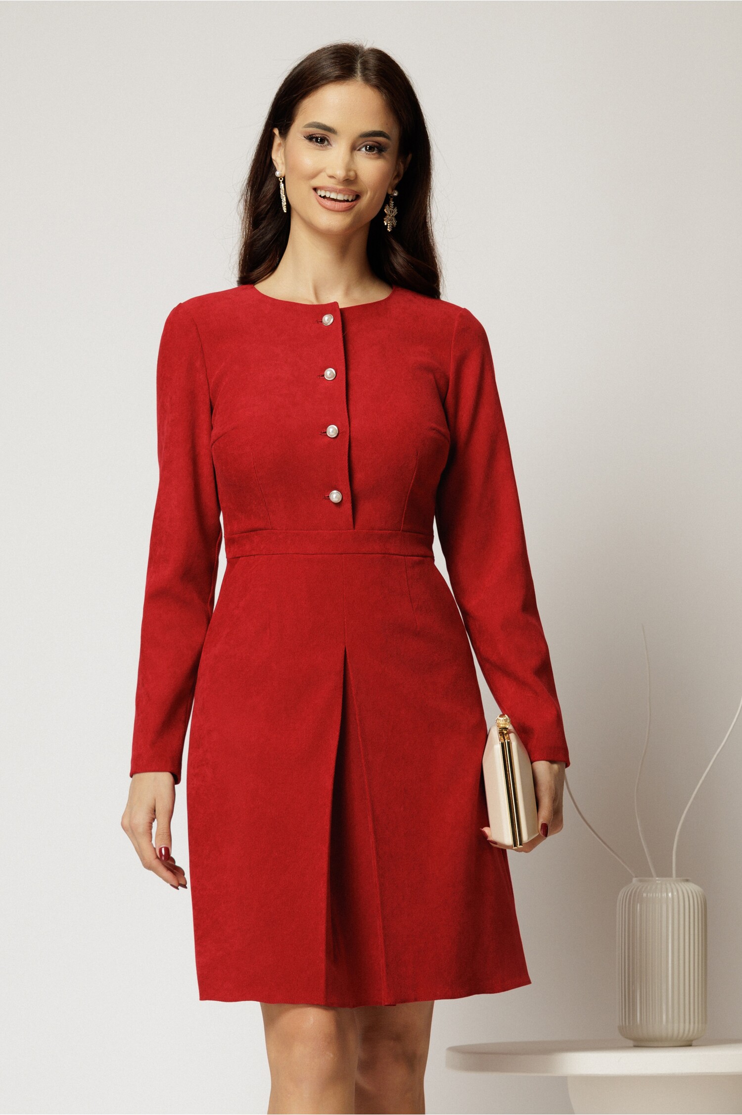 Rochie Catifea Bordo Scurtă cu Nasturi Perla