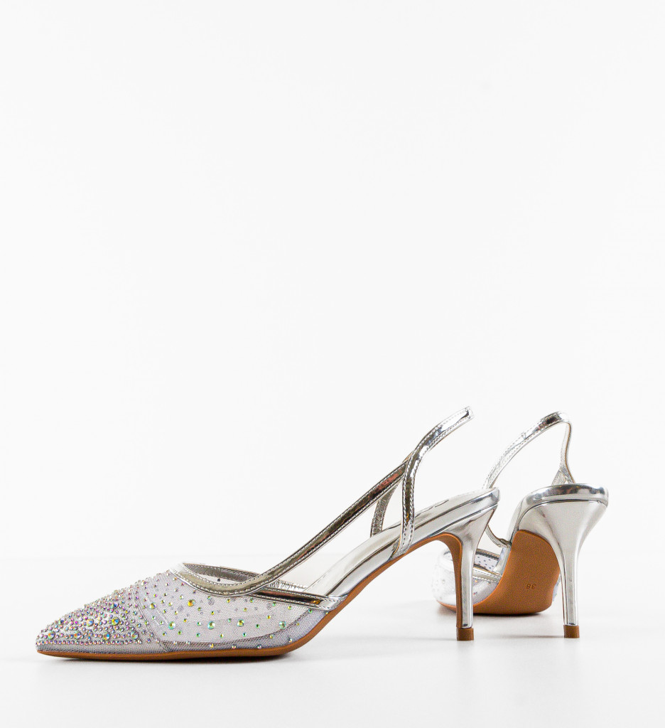 Pantofi Melite Argintii Eleganți cu Toc - imagine 7