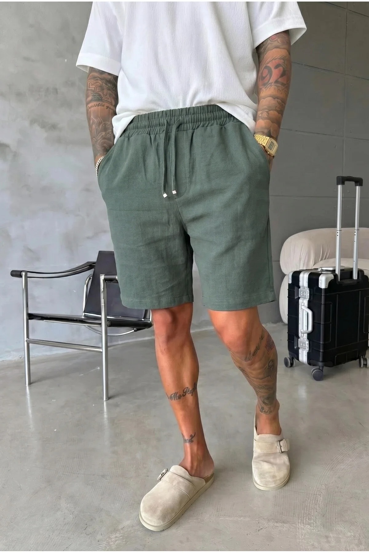Pantaloni scurti din in  lejeri  kaki BG8005