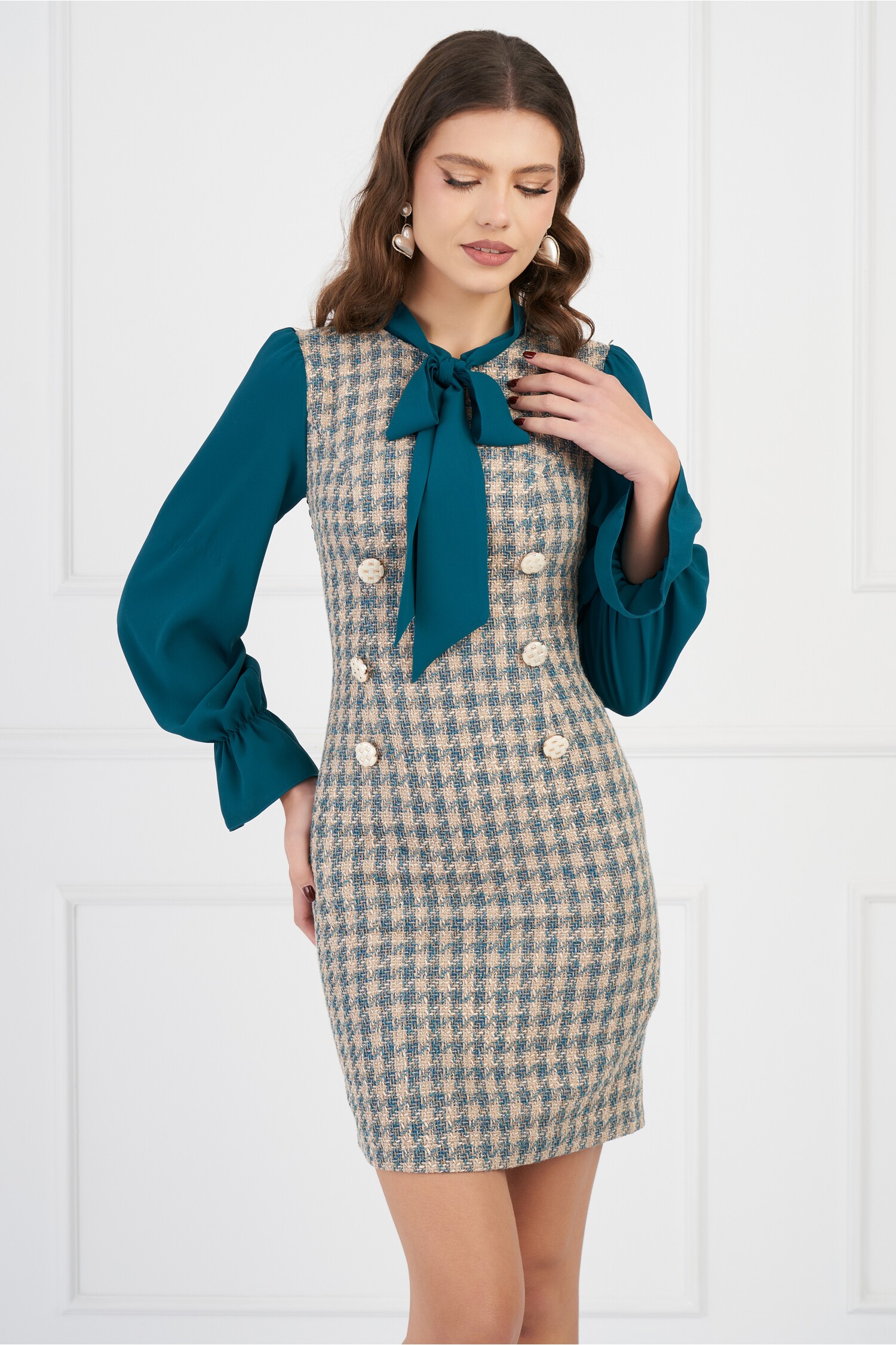 Rochie Office DY Fashion Bej cu Imprimeu Turcoaz