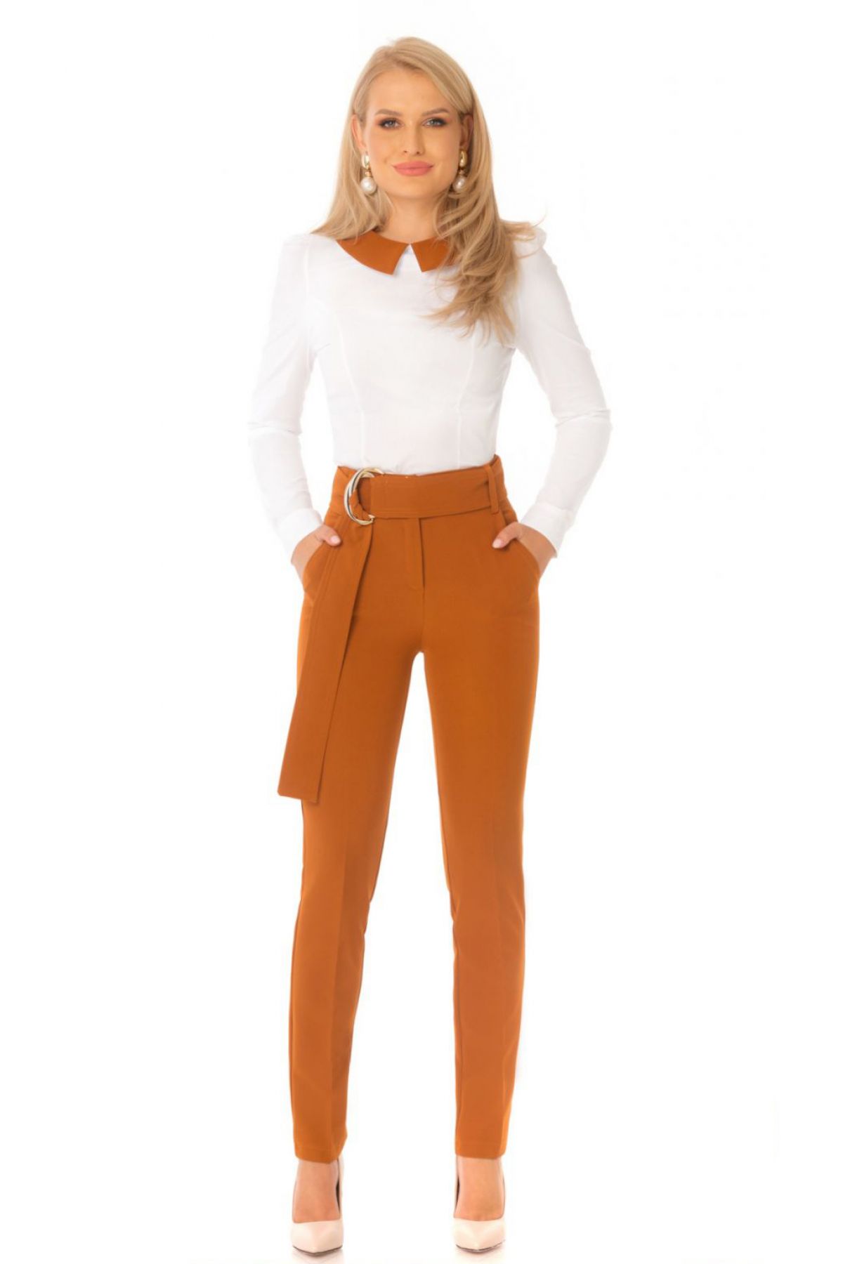Pantaloni Pretty Girl Office Camel Eleganți