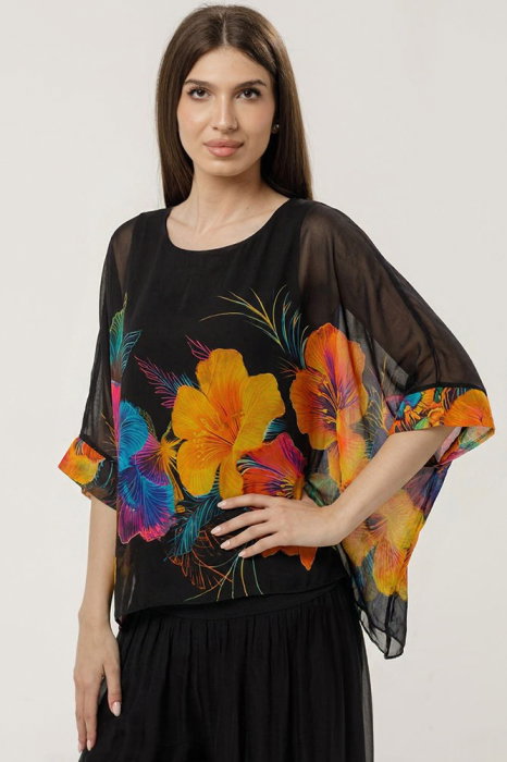 Bluză Neagră Mătase Shopika | Imprimeu Floral Exotic