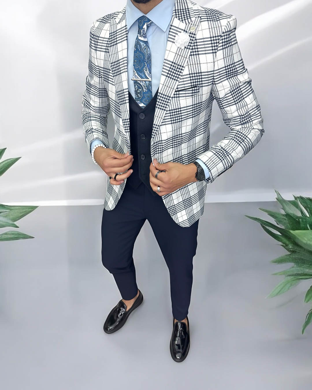 Sacou Barbati Slim Fit Alb Carouri - Elegant