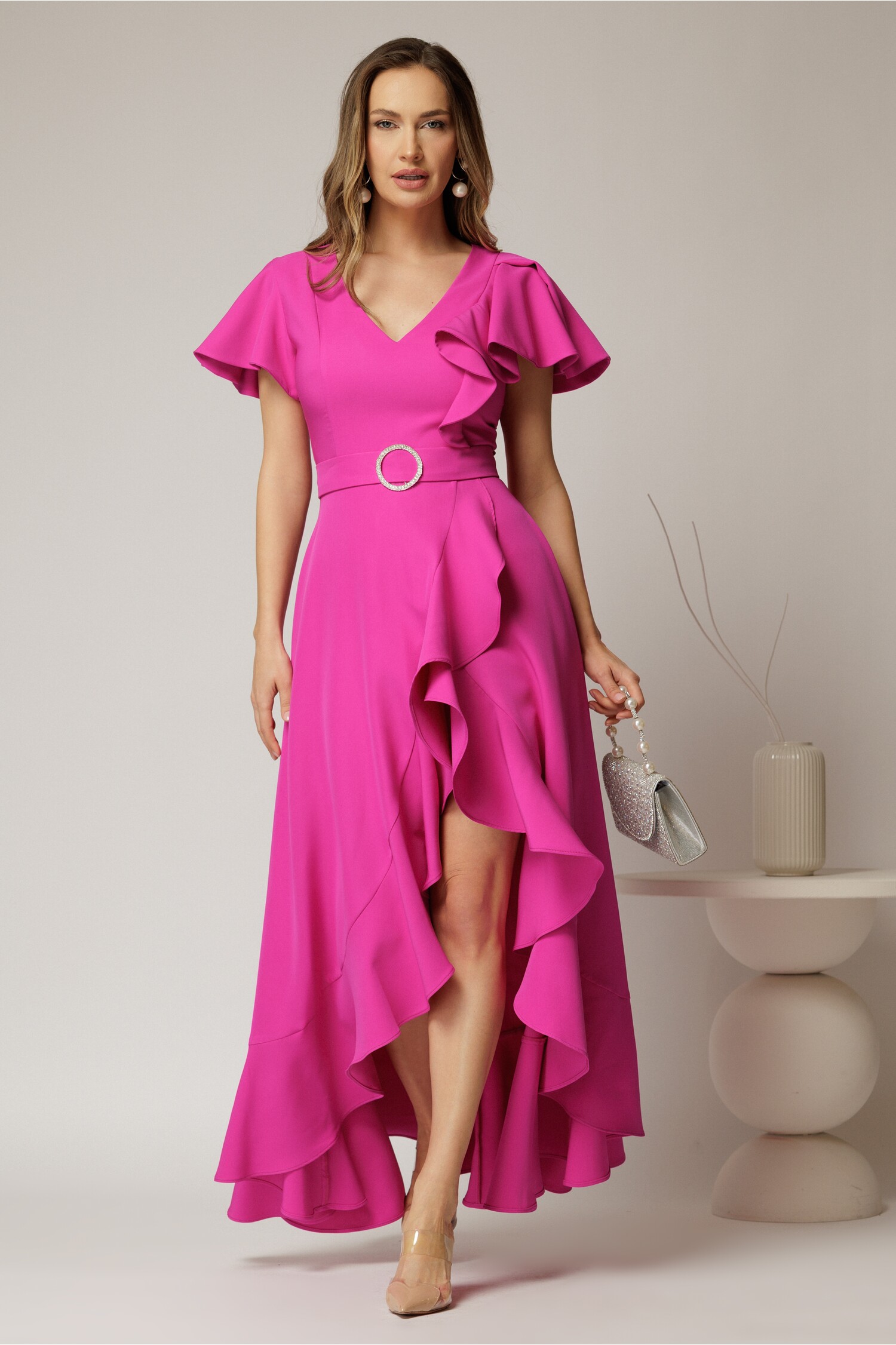 Rochie Ocazie Fucsia din Stofă cu Volane