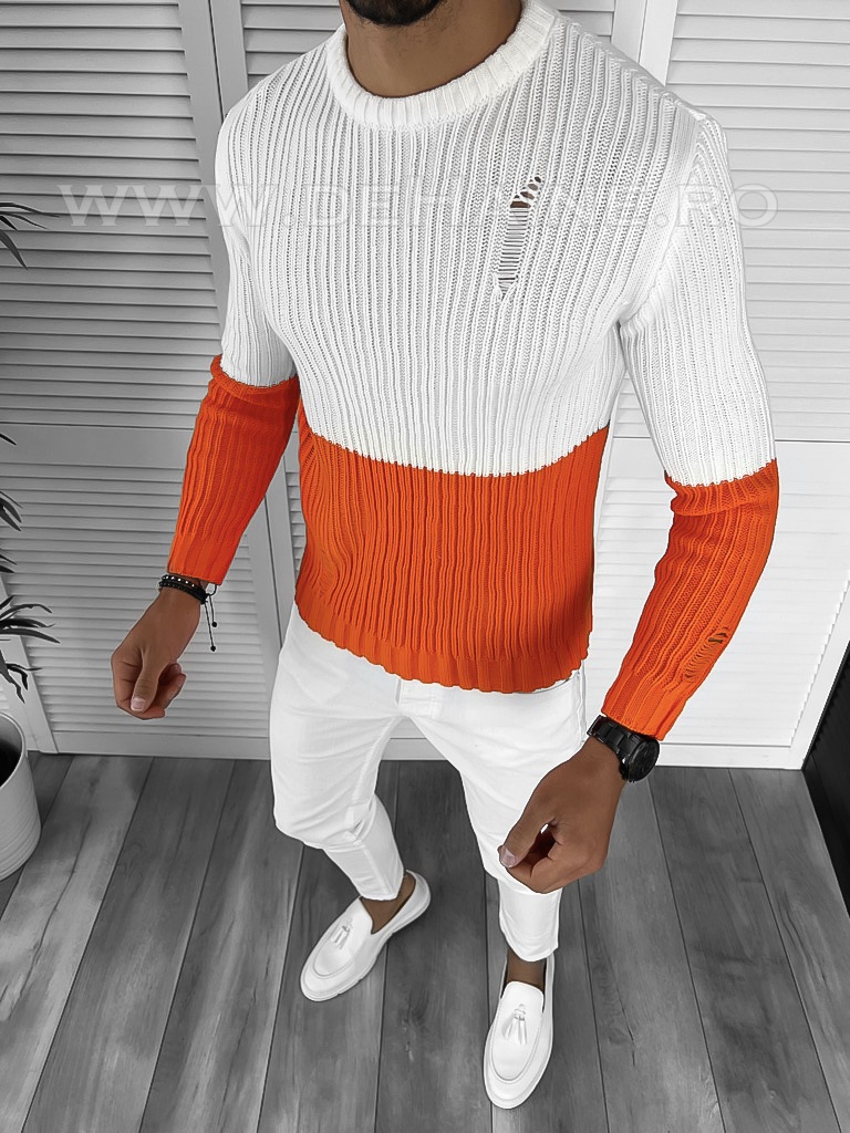 Pulover Barbati Portocaliu Slim Fit Elegant