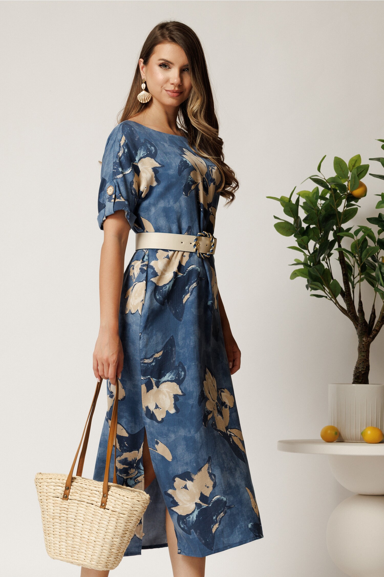 Rochie Tencel Midi cu Imprimeu și Curea - Eleganță Naturală