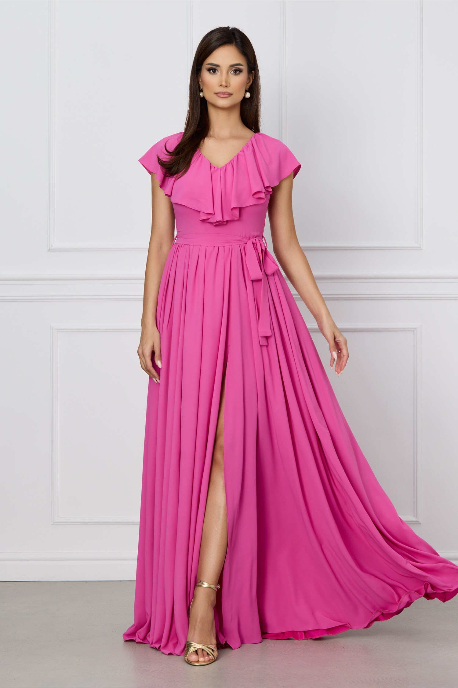 Rochie Dy Fashion Roz Elegantă cu Volan