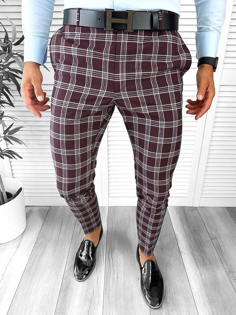 Pantaloni Barbati Eleganti Grena in Carouri