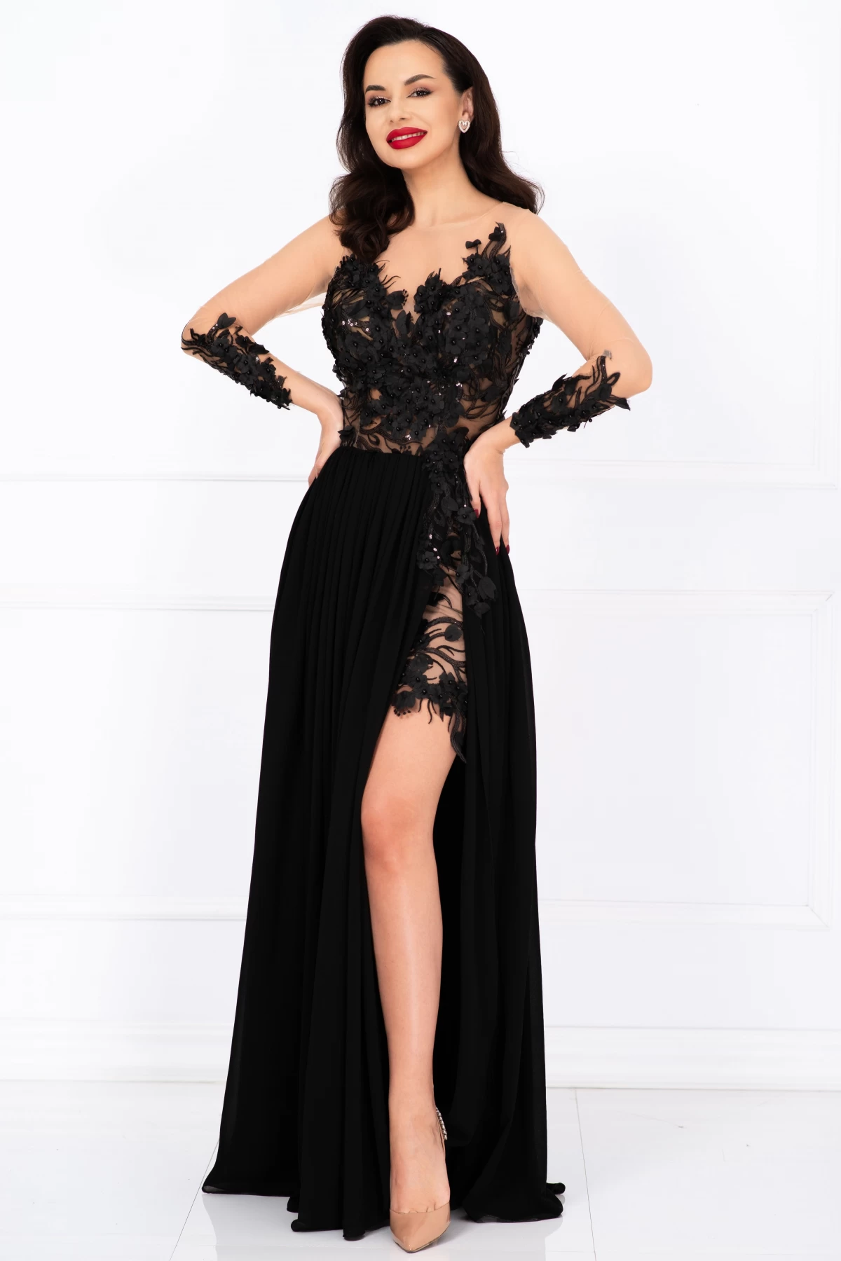 Chanttal Rochie Mikaela Neagra cu Flori 3D