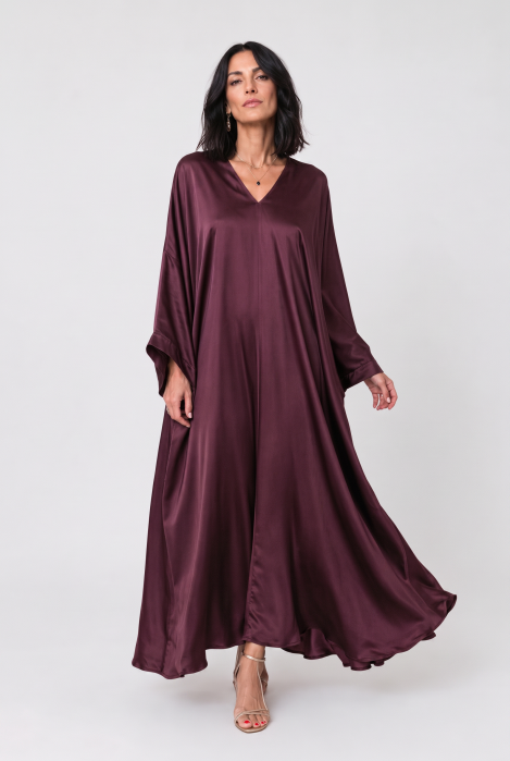 Rochie lunga tip caftan din satin cu matase si vascoza - bordo