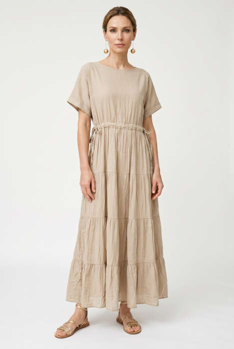 Rochie lunga din batist de bumbac cu talie subliniata, bej