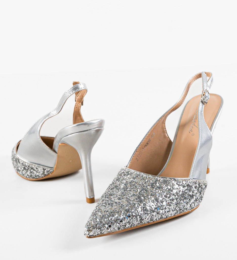 Pantofi Dama Argintii cu Toc Elegant - imagine 5