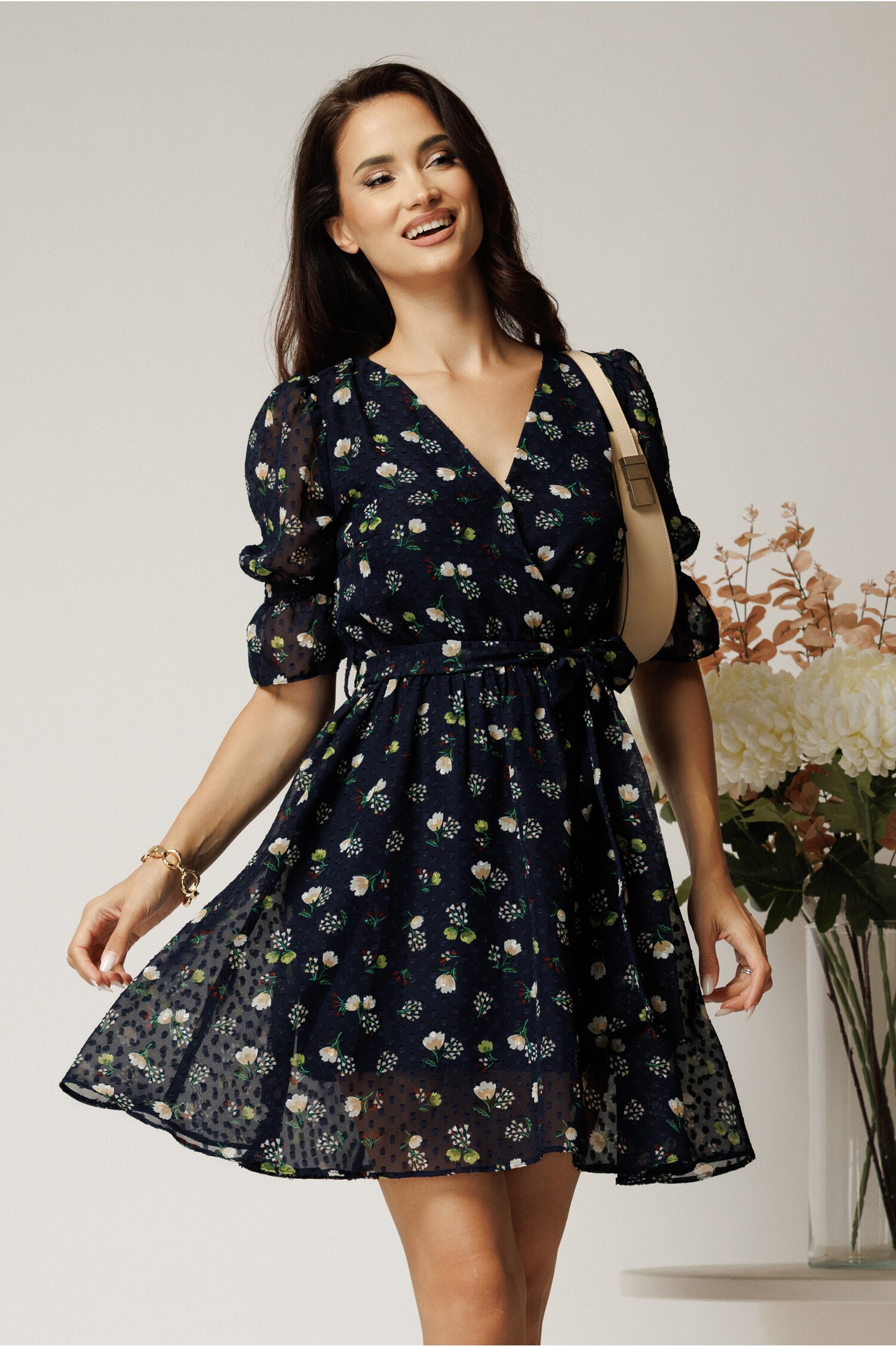 Rochie Bleumarin Voal cu Floricele | DY Fashion