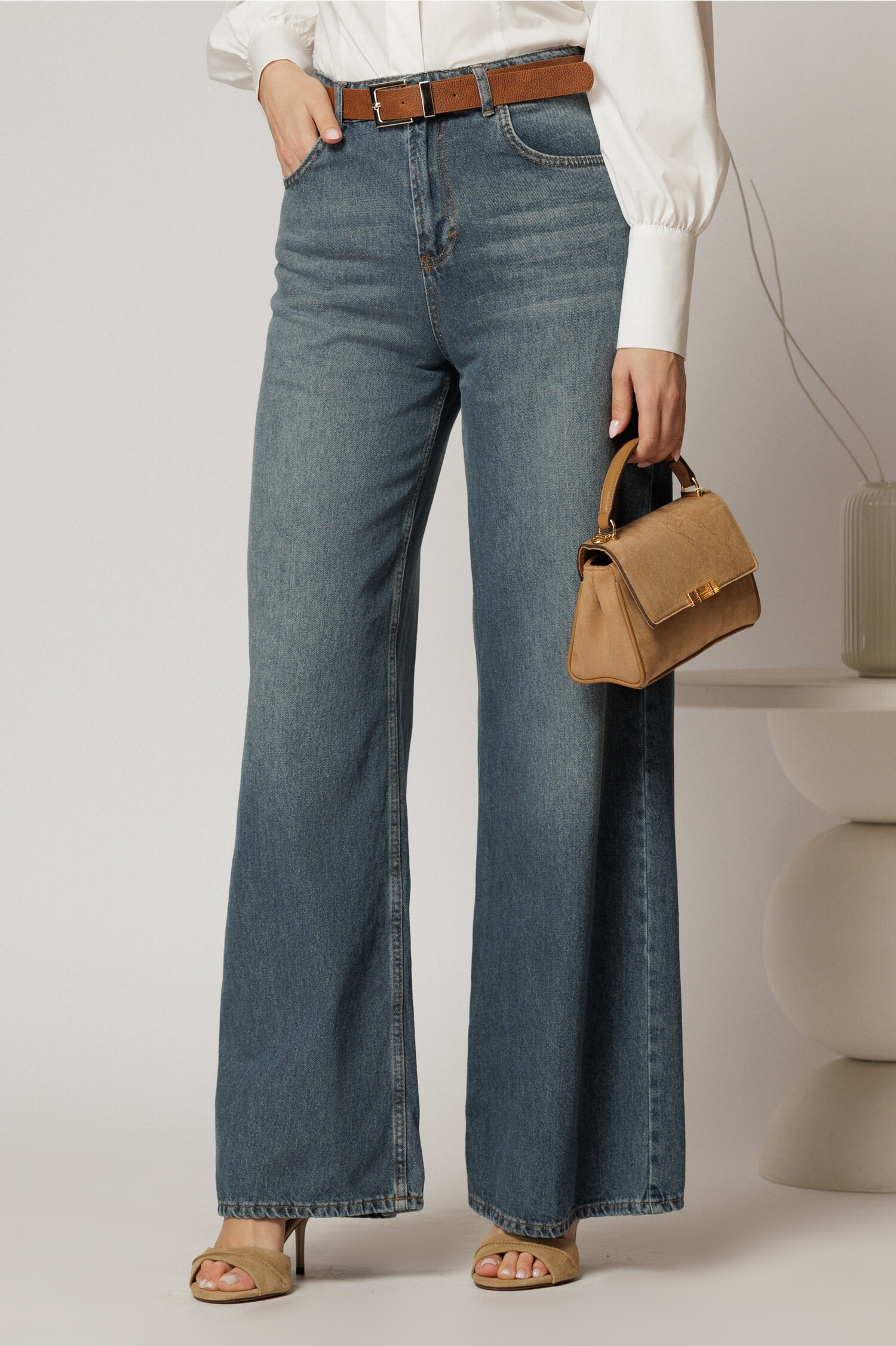 Blugi dama denim croi larg cu curea