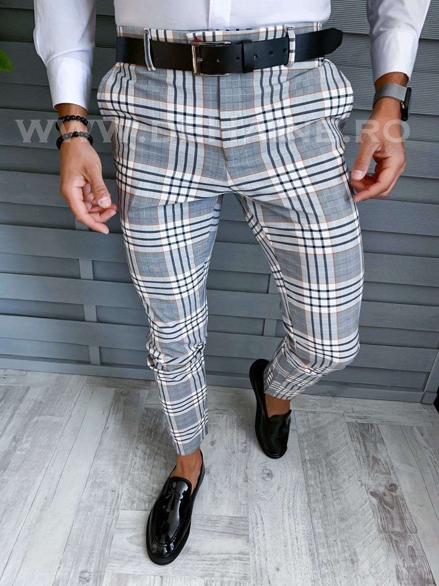 Pantaloni Eleganti Carouri Bărbați Stil Office