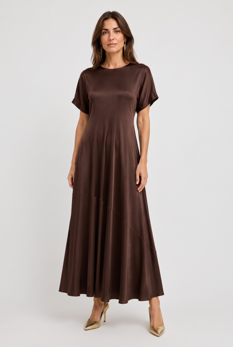 Rochie lunga din satin cu matase si vascoza, croi amplu si design fluid, maro