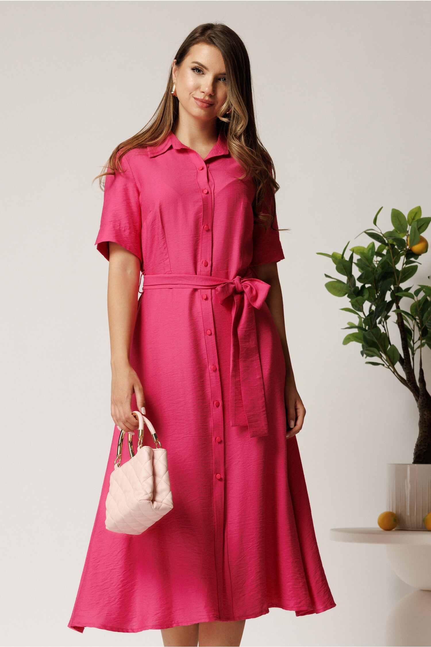 Rochie Midi Bumbac Fucsia cu Cordon