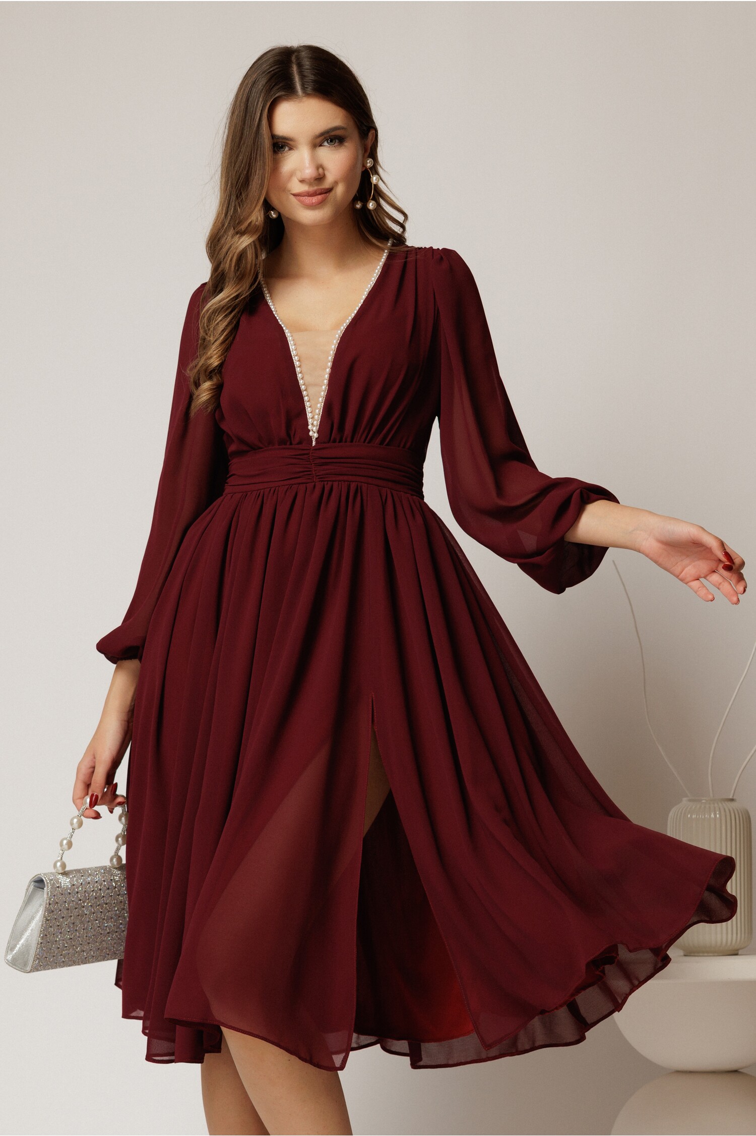 Rochie DY Fashion Bordo Voal cu Perle