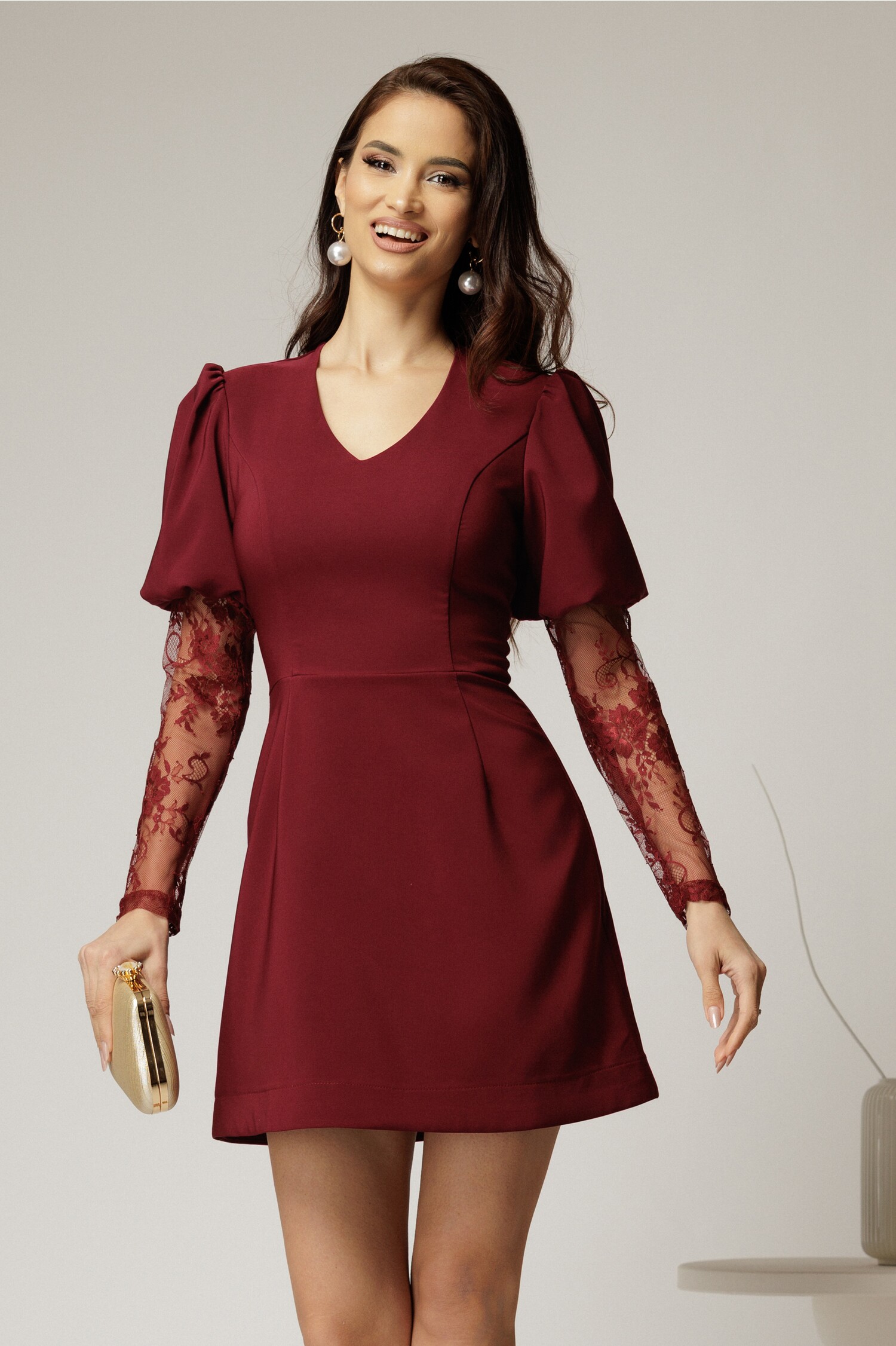 Rochie Bordo Eleganta cu Dantela | Rochii Scurte - imagine 2