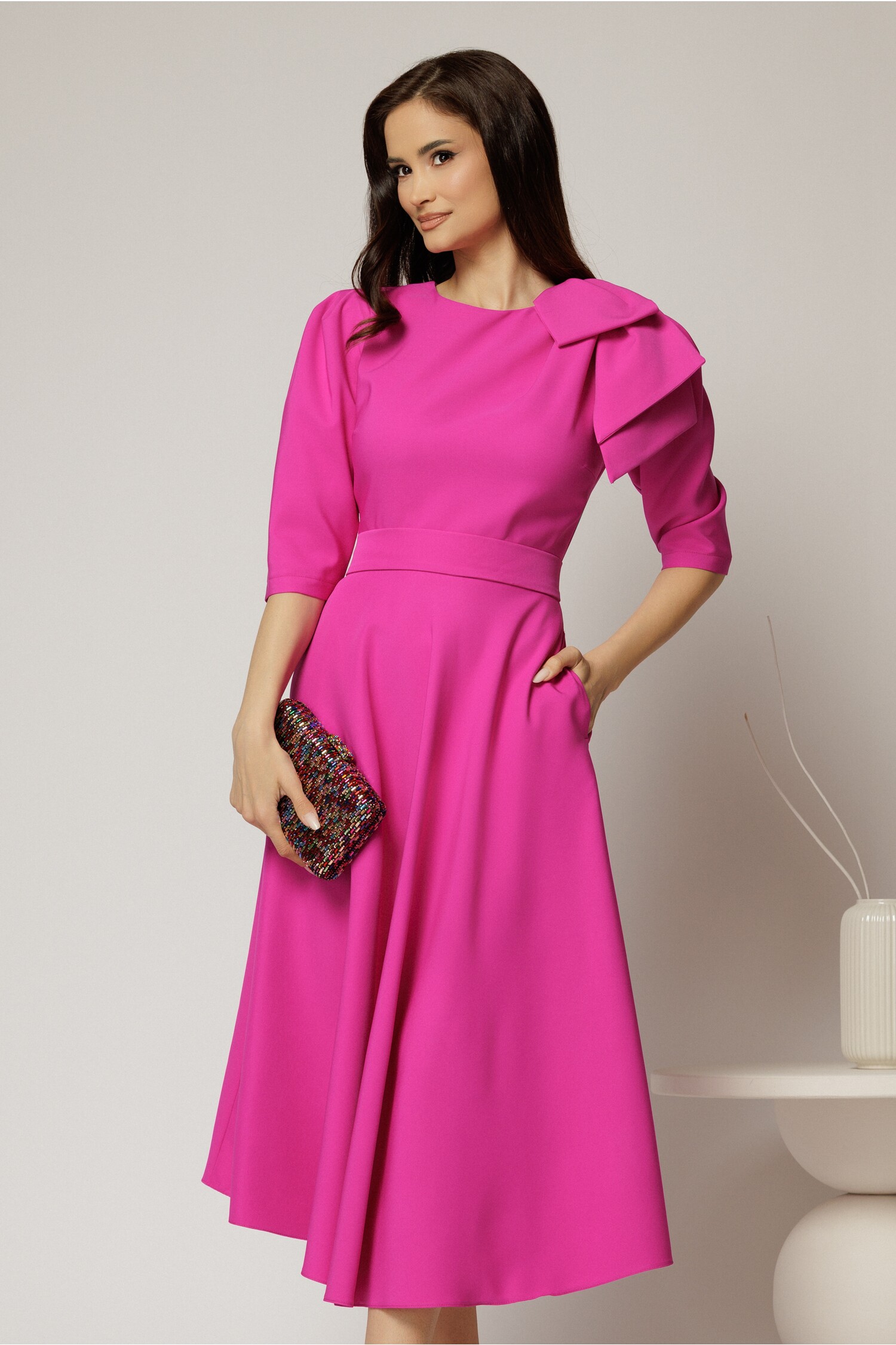 Rochie Midi Fucsia Clos cu Funda și Cordon