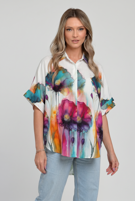 Camasa oversize cu maneca scurta din in si vascoza, imprimeu floral artistic