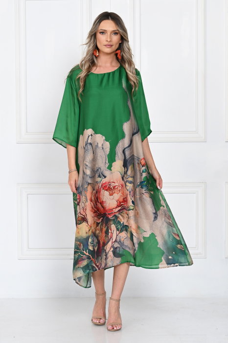 Rochie Satinata Shopika Verde-Bej | Imprimeu Floral