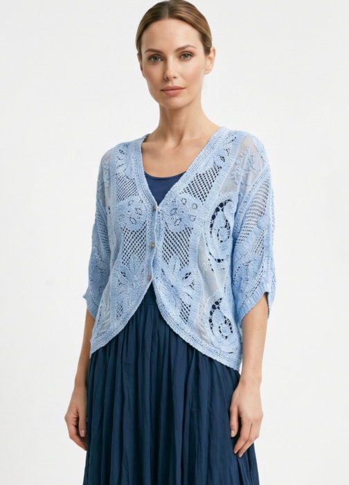 Cardigan Bumbac Brodat Boho Bleu | Shopika