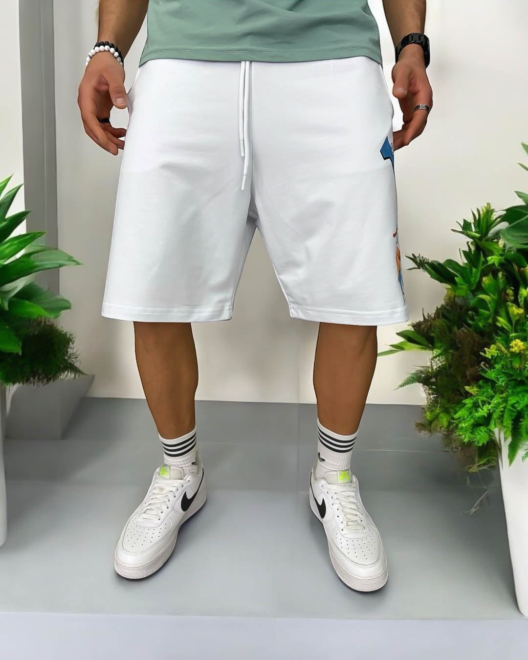 Pantaloni Scurți Trening Alb Imprimeu Bumbac