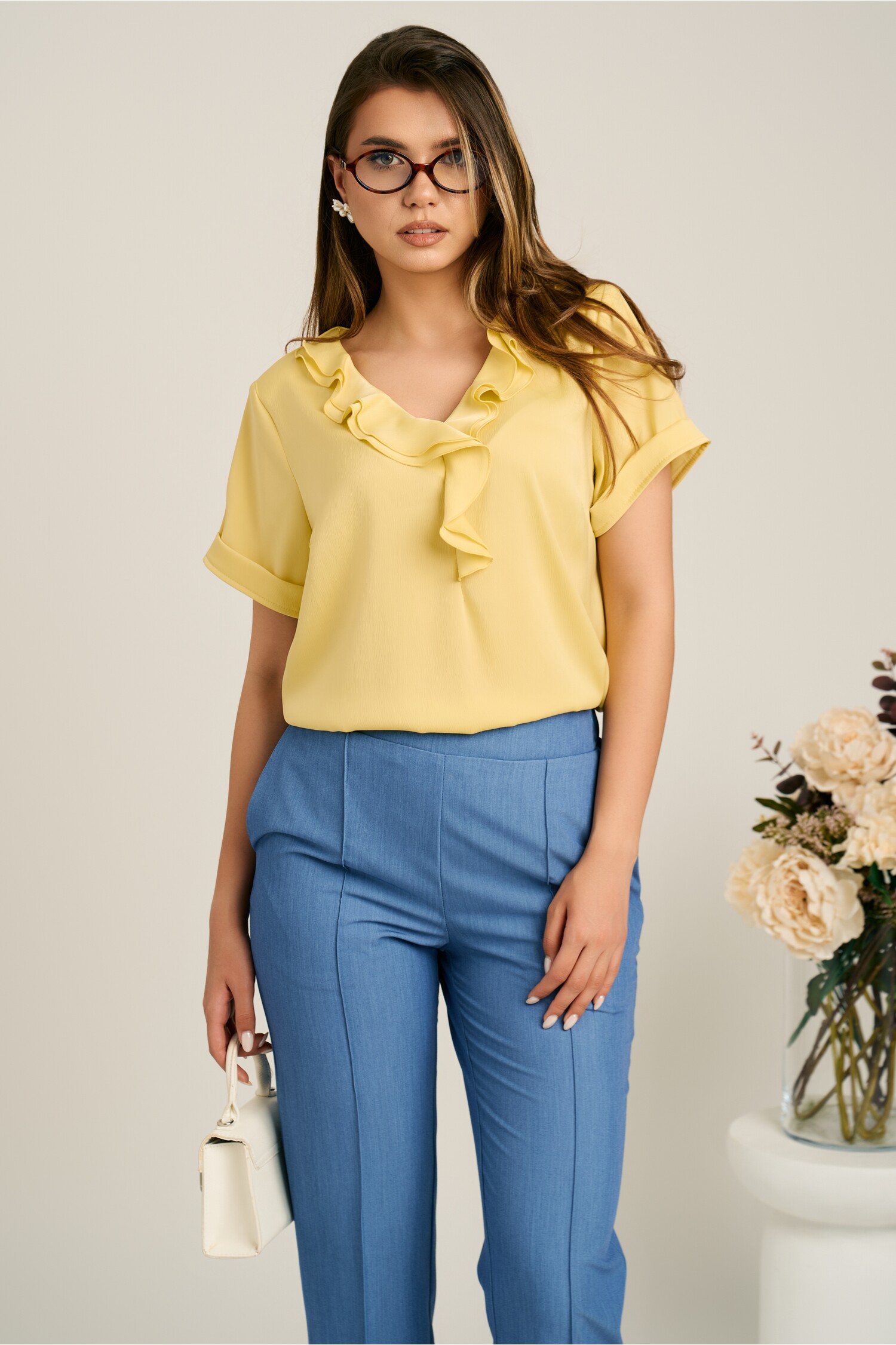 Bluza Galbenă Viscosă cu Volan Lejeră