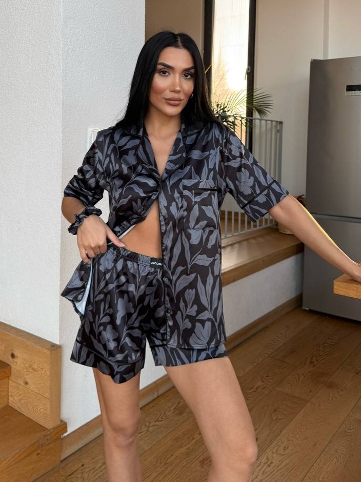 Pijama 2 piese Delis, Noir Blossom, satin sidefat - imagine 5