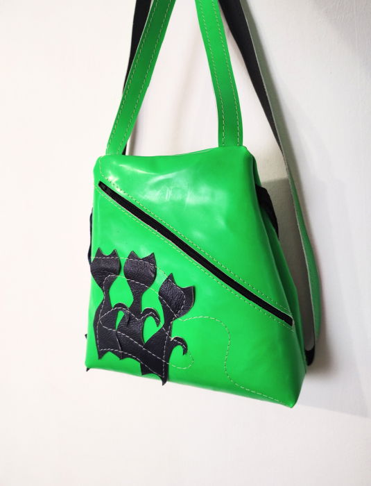 Rucsac Trendy Piele Verde Neon cu Pisicute | Shopika