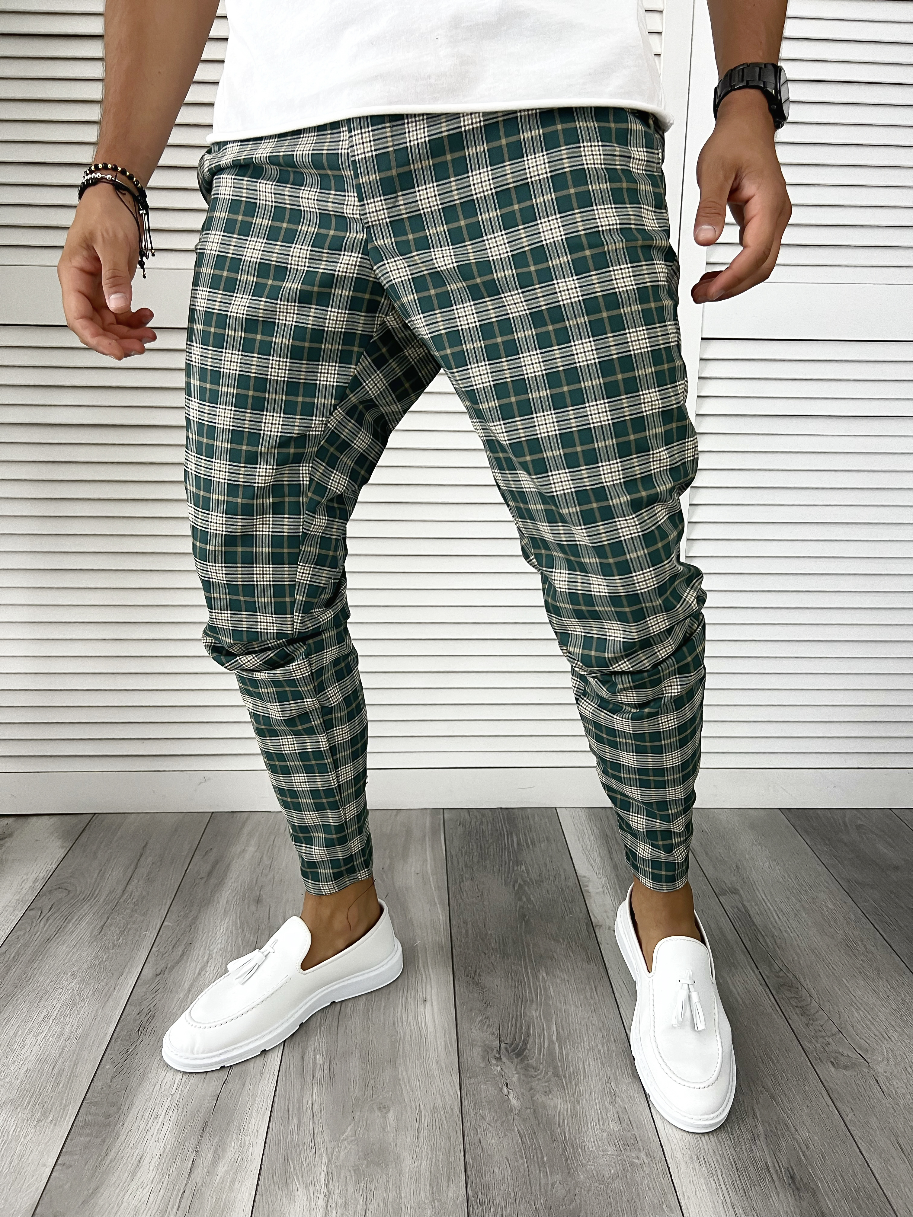 Pantaloni Eleganți Bărbați Carouri Verde