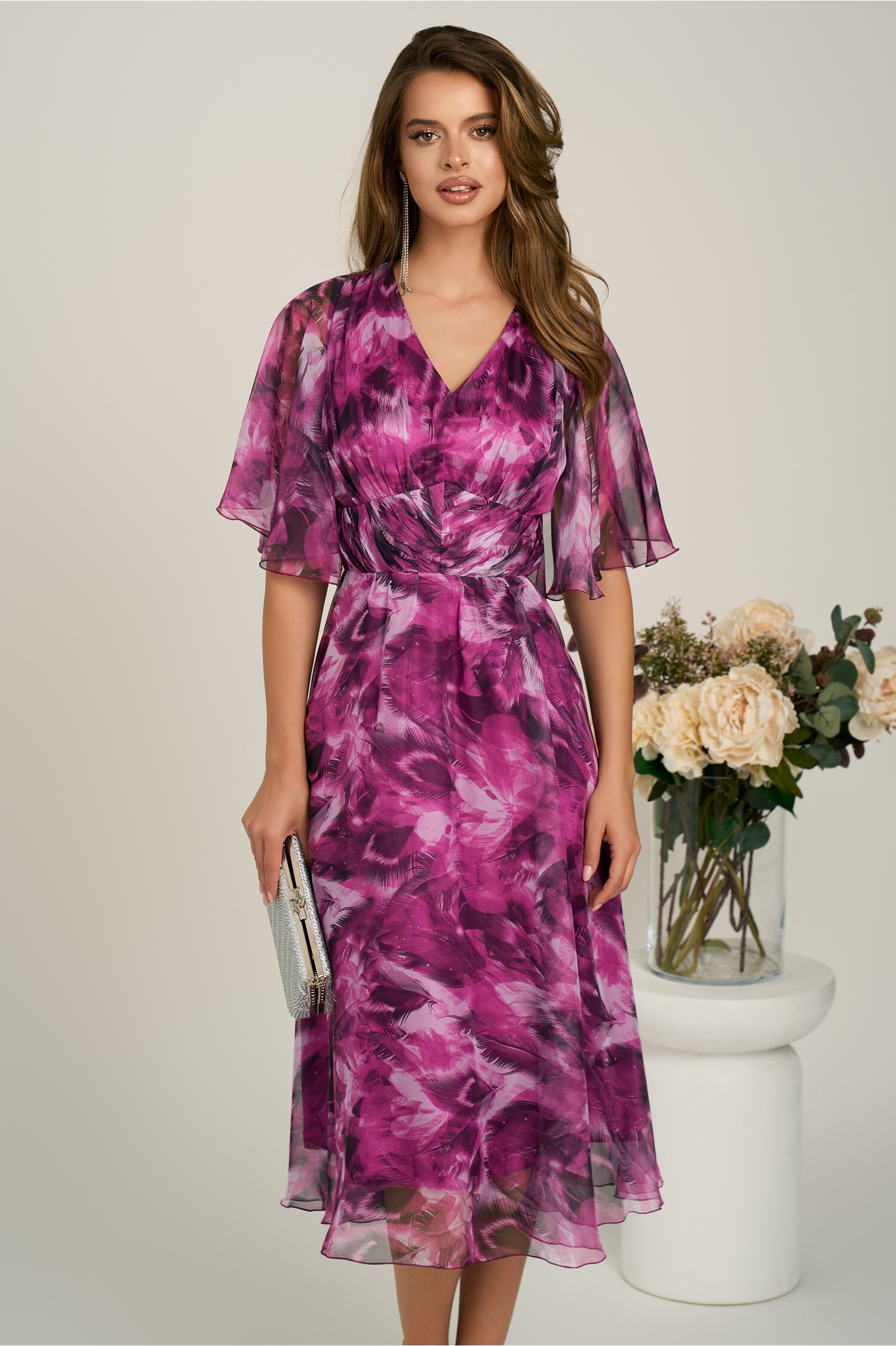Rochie Midi Magenta Elegantă pentru Cununie Civilă