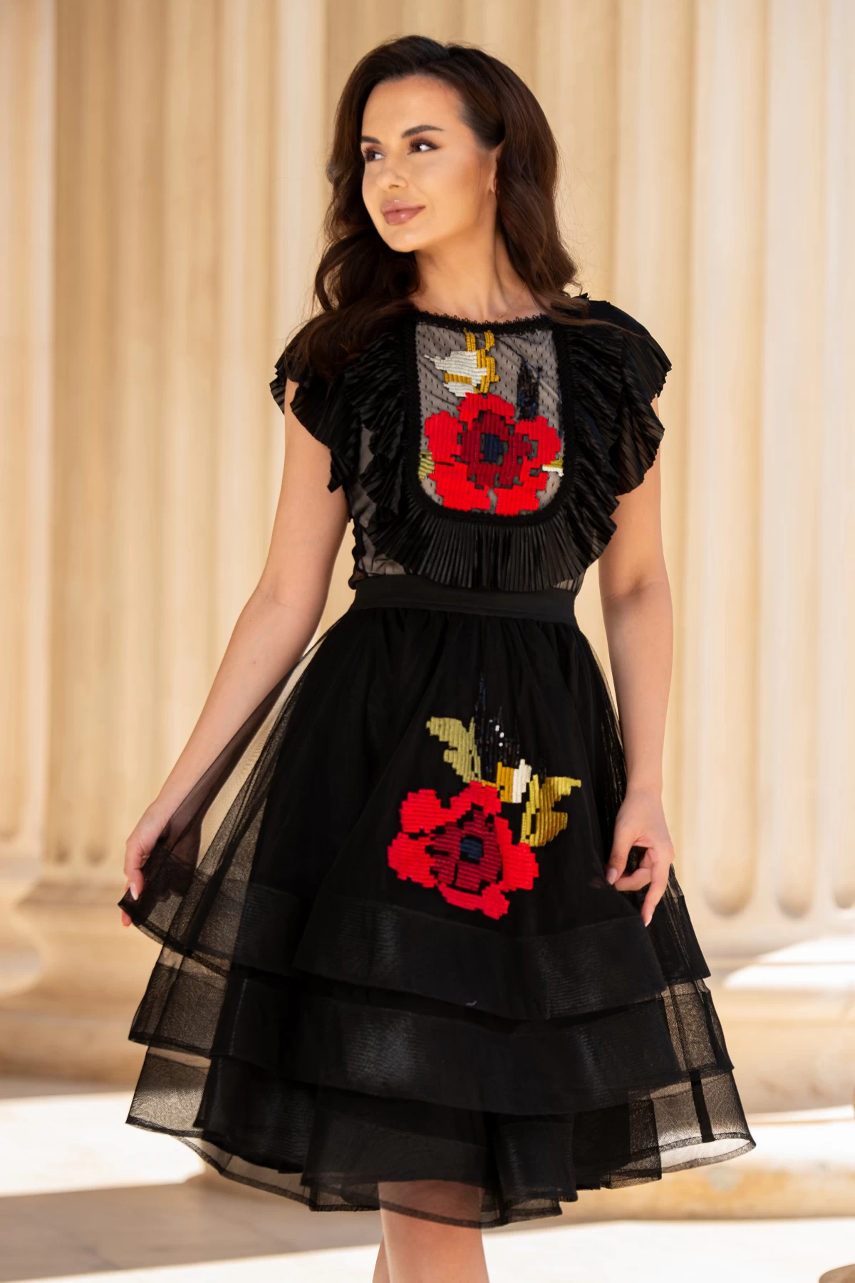 Fusta Effect neagra din tulle cu broderie