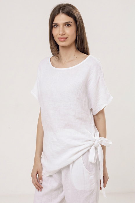 Bluza lunga din in cu colt si funda, alba