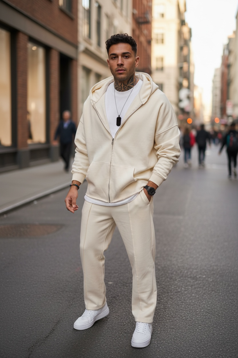 Trening Barbati Slim Fit Crem Hanorac + Pantaloni