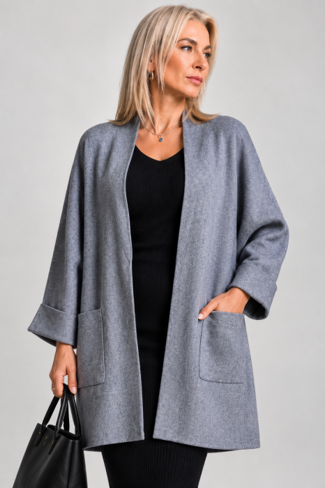 Cardigan lung oversize din vascoza, cu buzunare aplicate si croi amplu, gri