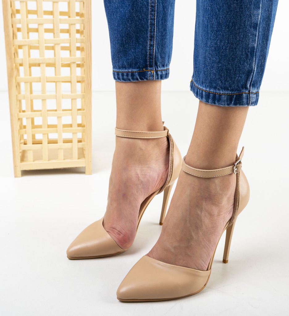 Pantofi Izalam Bej Eleganți cu Toc - imagine 3