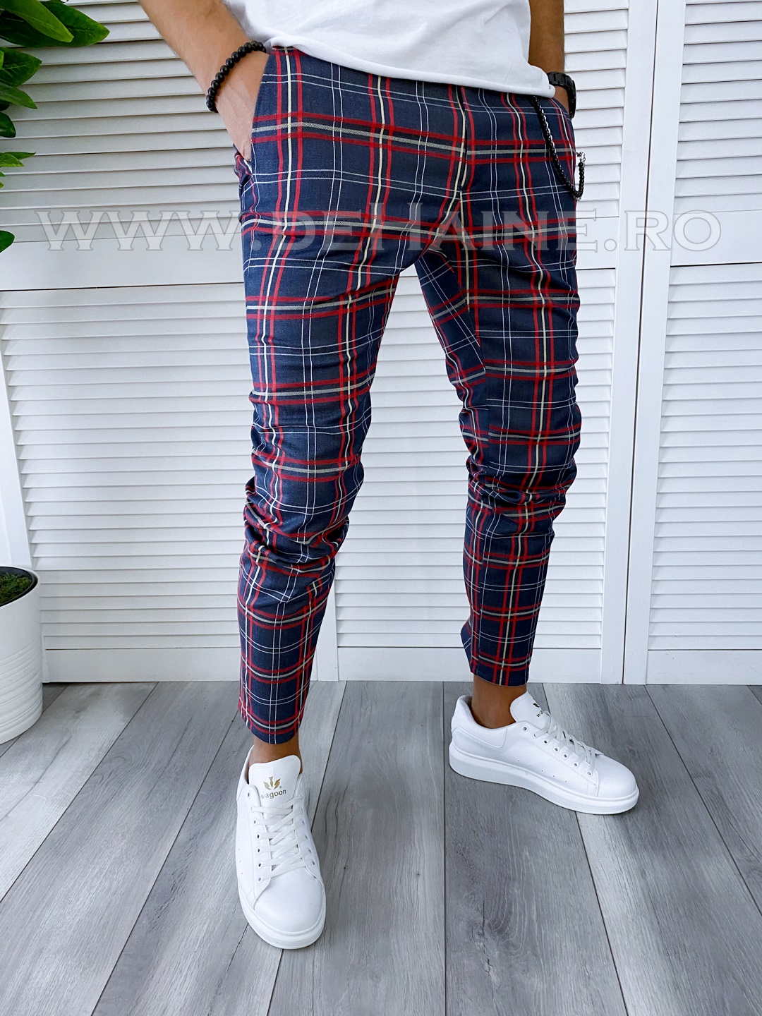 Pantaloni Barbati Casual în Carouri Regular Fit