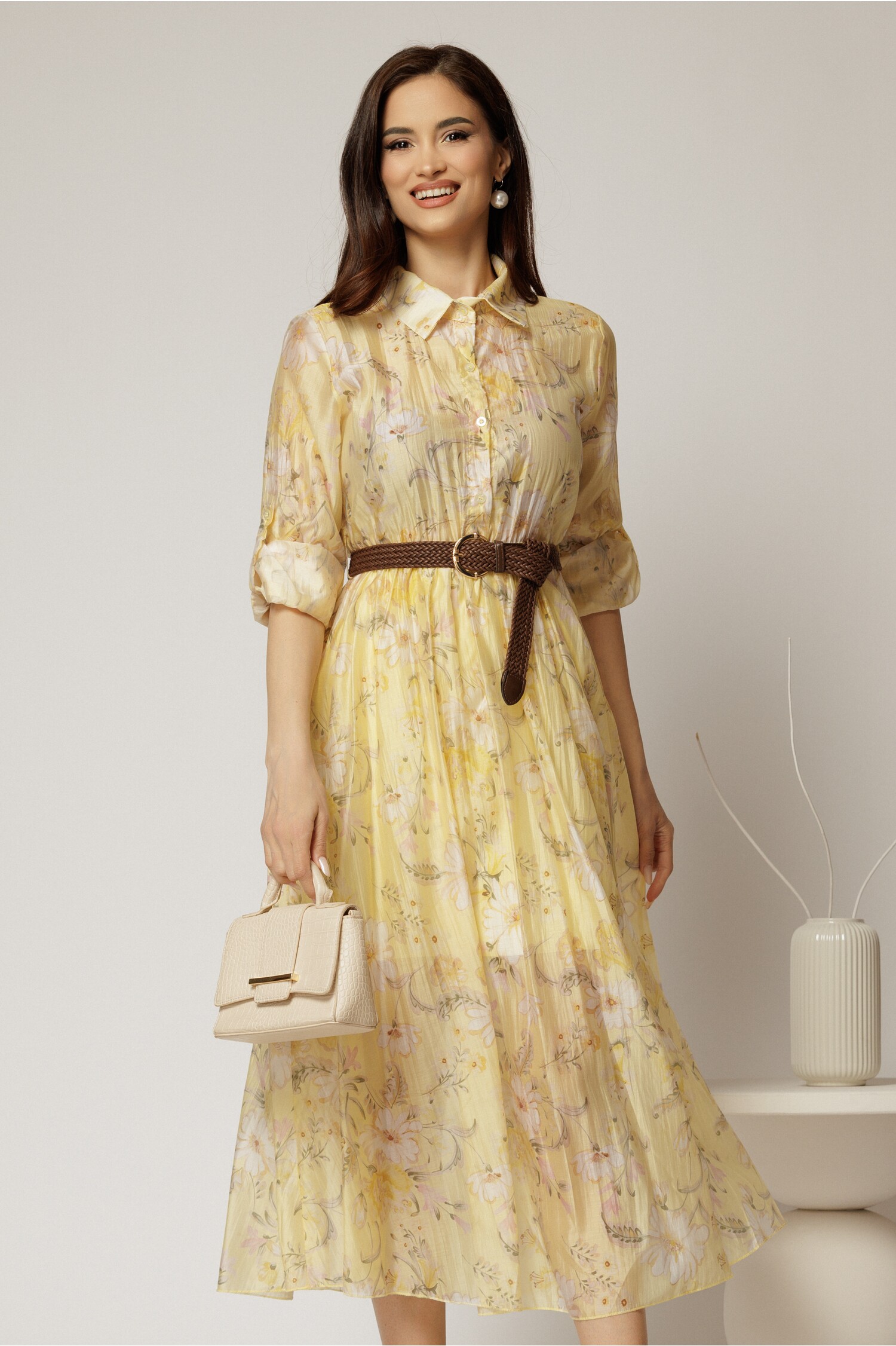 Rochie Midi Galbenă Tencel cu Imprimeuri