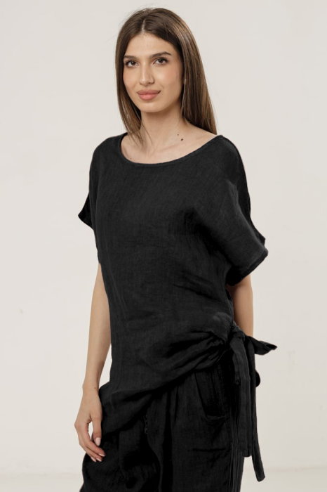 Bluza lunga din in cu colt si funda, neagra