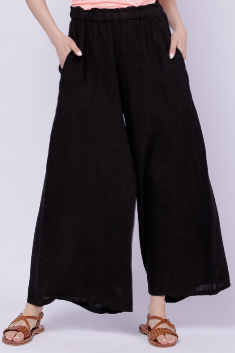 Pantaloni palazzo din in cu croi amplu, negri