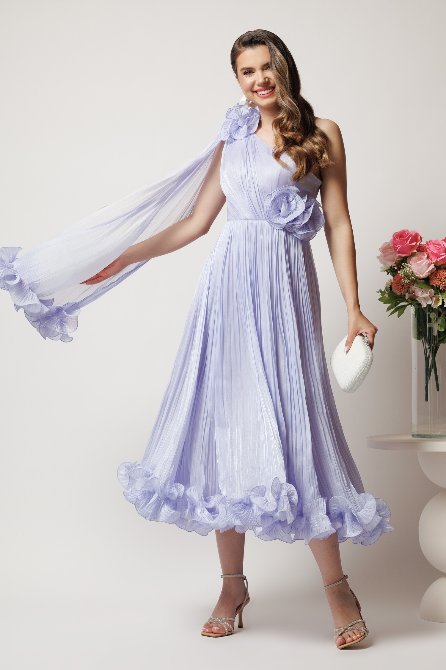 Rochie Midi Lila cu Volanase și Corset