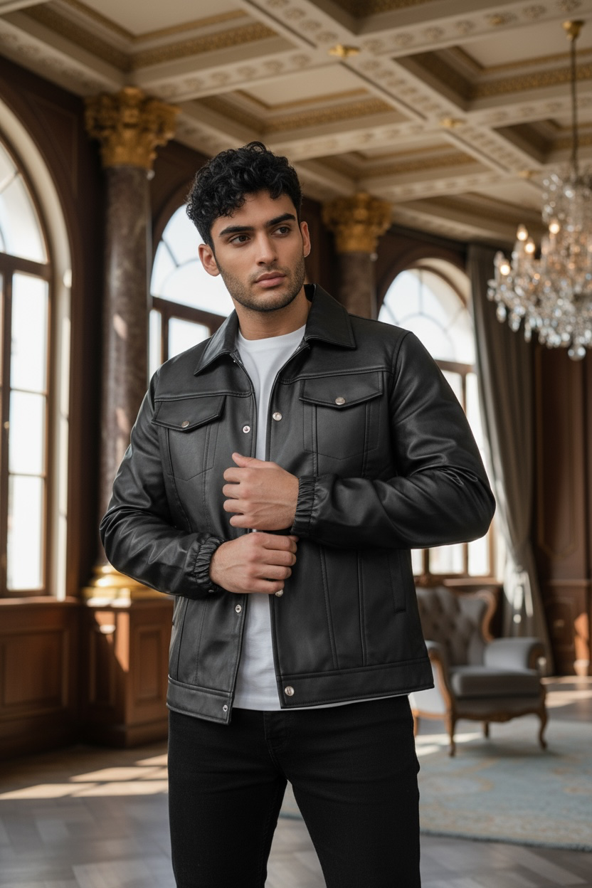 Geaca Barbati Piele Ecologica Slim Fit Neagra - imagine 2
