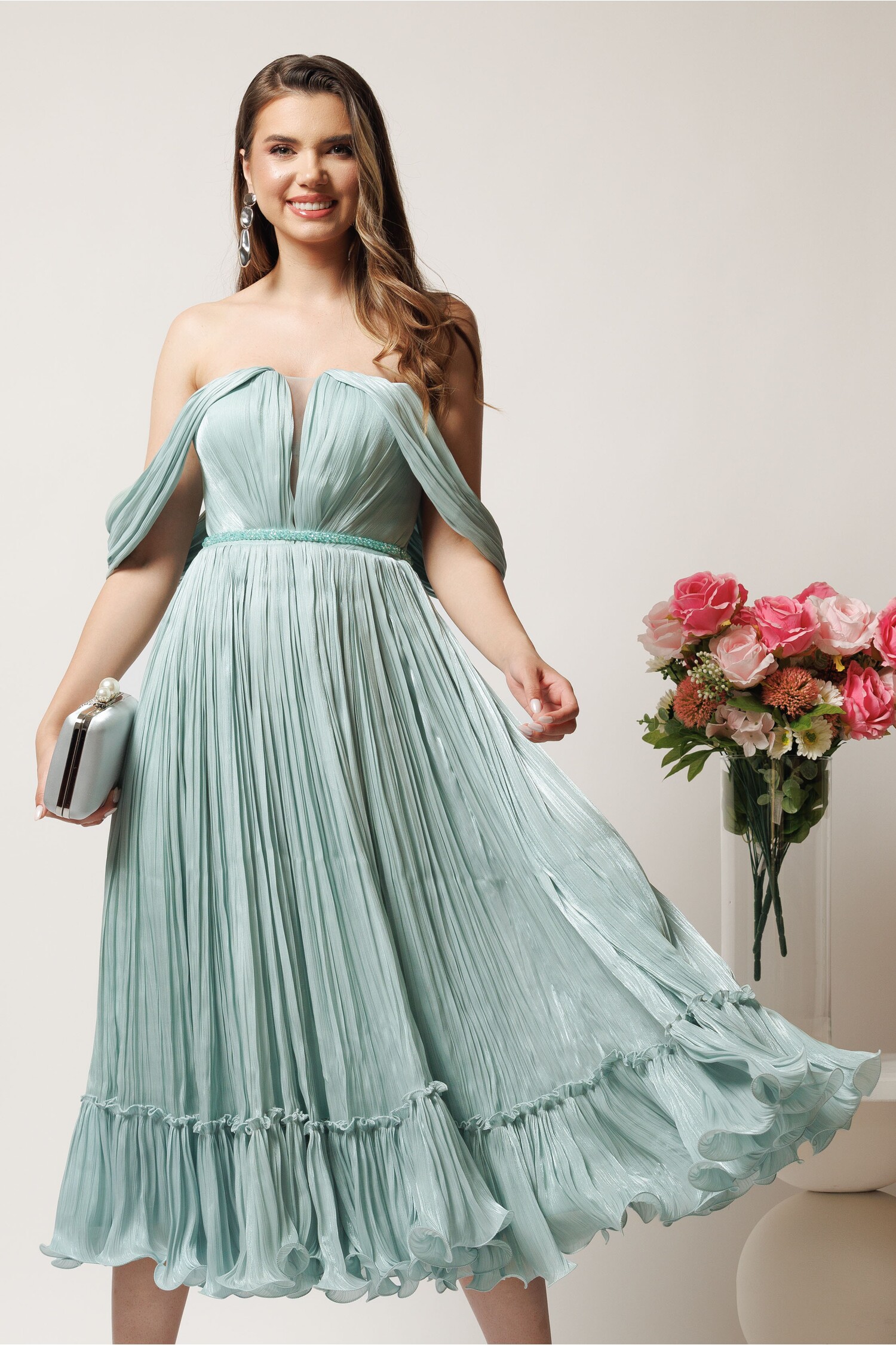 Rochie Midi Verde Mint Satinat cu Corset