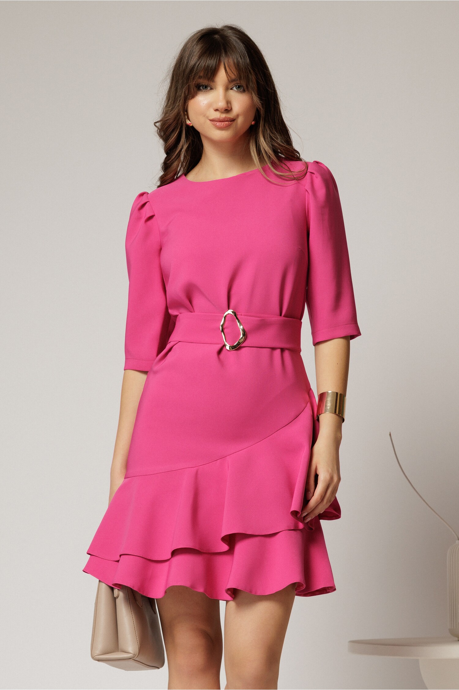 Rochie Fucsia Scurta cu Volanase si Cordon